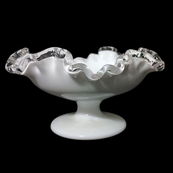 Fenton Silver Crest Compote Pedestal Dish Milk Glass Ruffled Edge Mid Century. - Picture 10 of 16